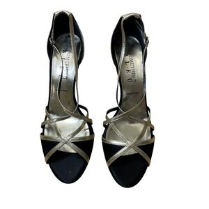 Something Bleu Womens 9.5 B Black Satin Gold Leather Strappy Heel Sandals Italy